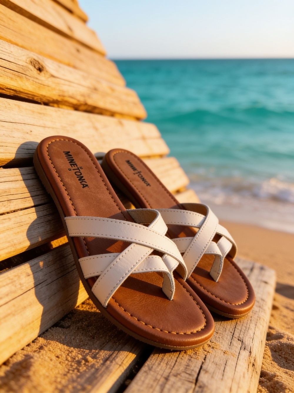 Women’s Minnetonka White Leather Sunny Thong Sandals Size 10N New With Tags